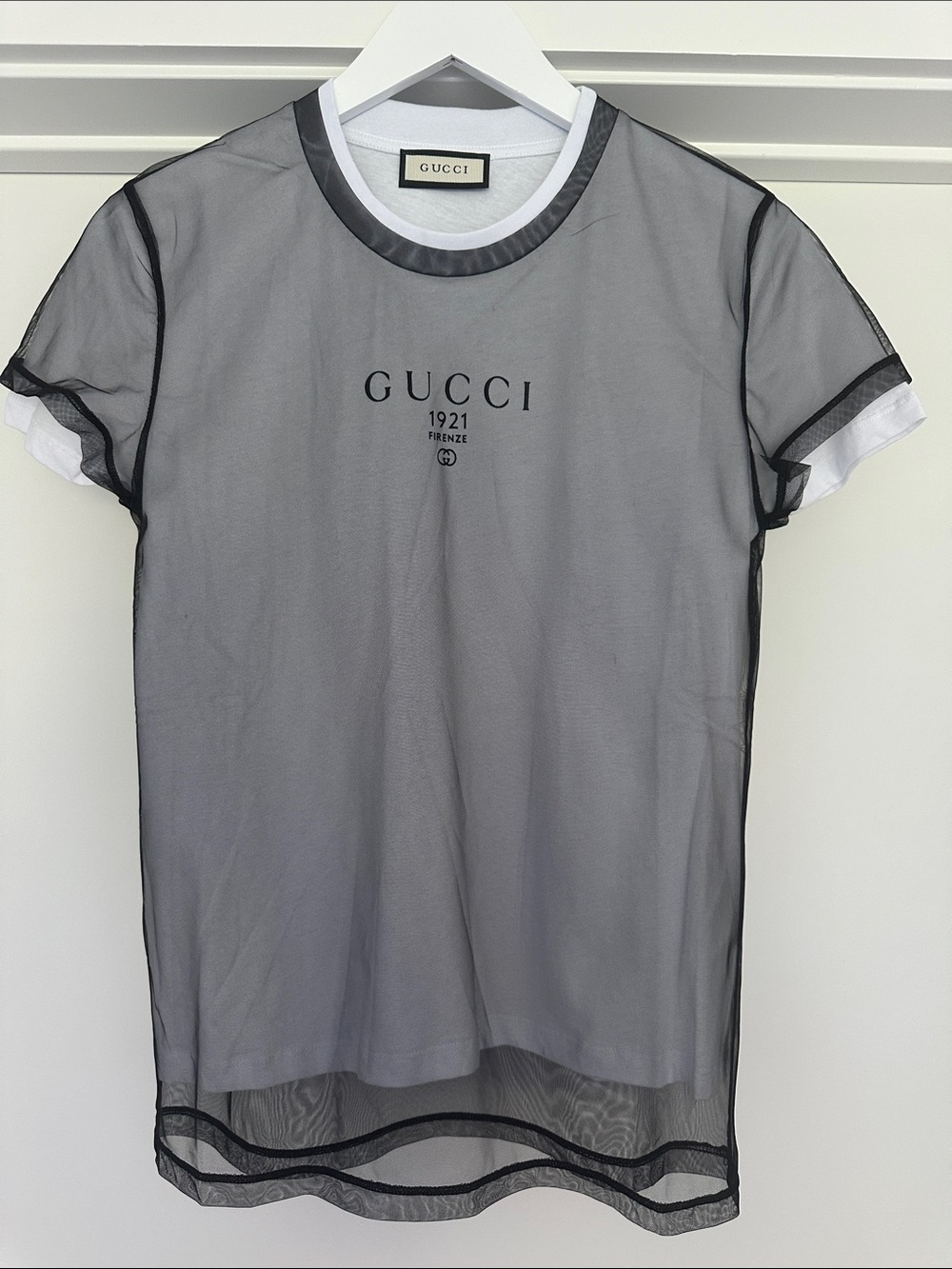 Gucci Black Sheer Overlay Logo Tee with White Underlayer